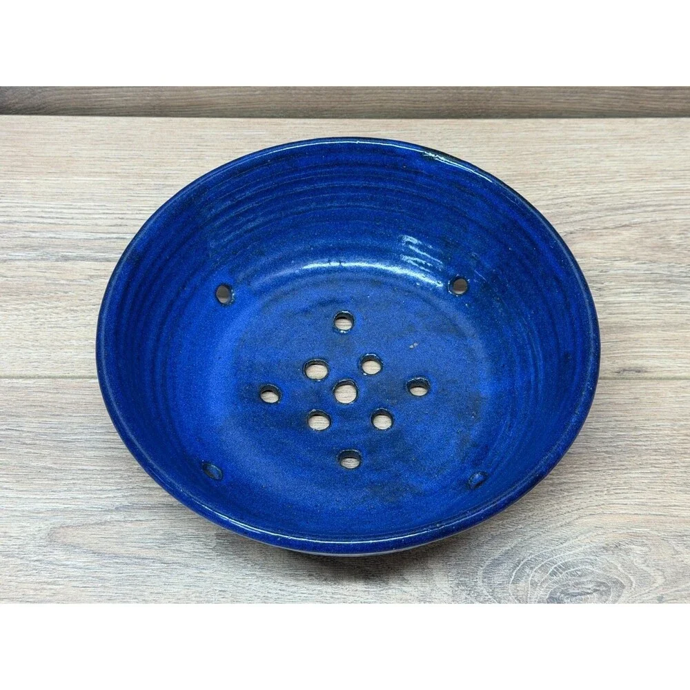 Artisan Cobalt Blue Berry Collander Strainer Handmade Thrown Pottery - Signed